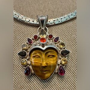 Sajen Silver and Multicolored Gem Stone Pendant with With Tiger Eye Face